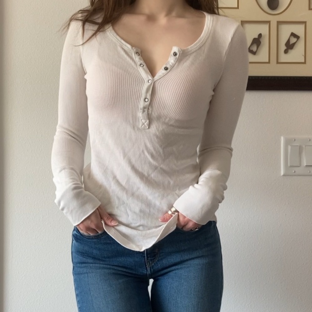 Splendid Cream Fitted Henley Blouse